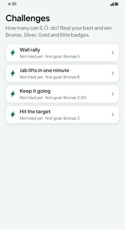 Challenges: wall rally, jab lifts, keep it going and hit the target
