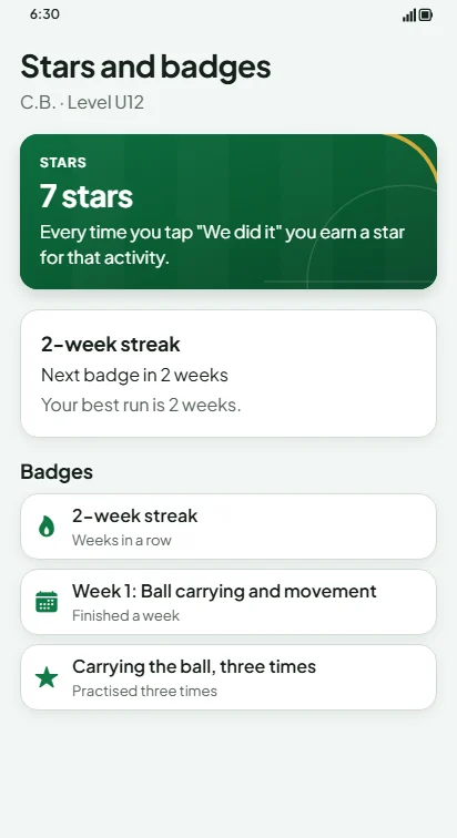 Stars, a two-week streak and badges earned
