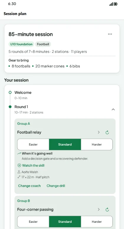 A session plan showing groups of players rotating through drills in rounds.