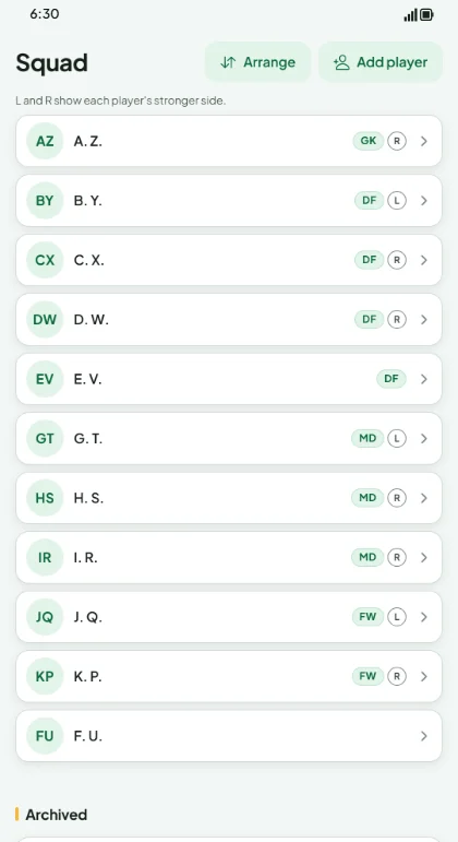 The squad list: each player shown by initials, with a position badge such as GK, DF, MD or FW.