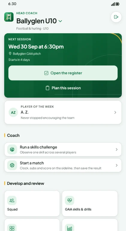 CatchSolo team home screen with the next session and player of the week