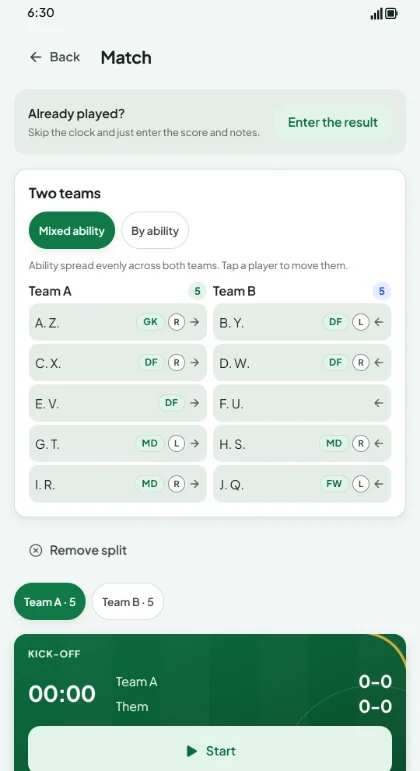 The squad split into two balanced teams for an in-house game